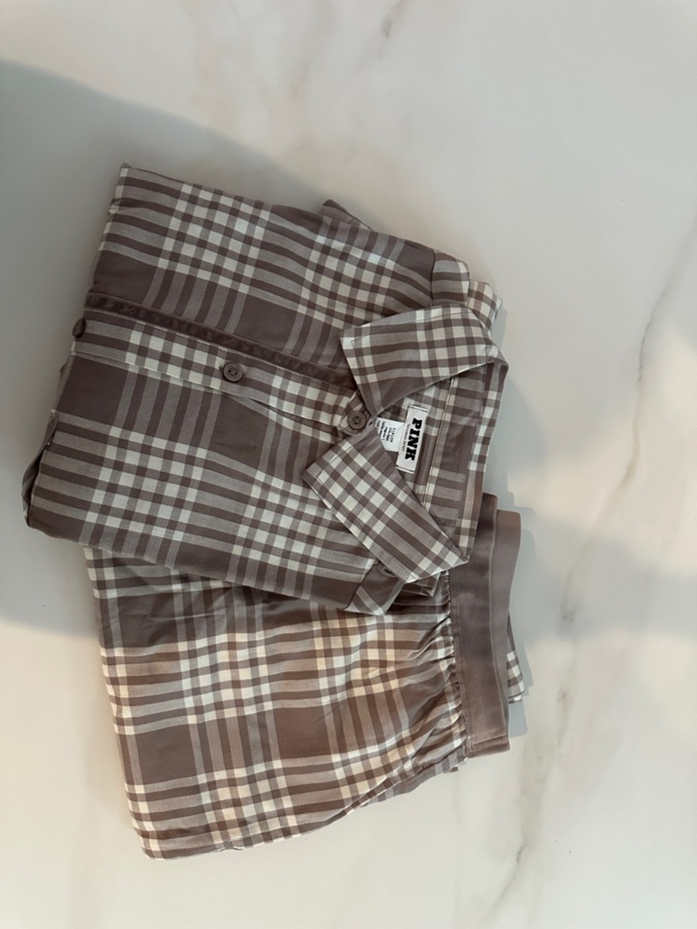 PINK Victoria's Secret Plaid Womenโs Sleep Set in Taupe and White